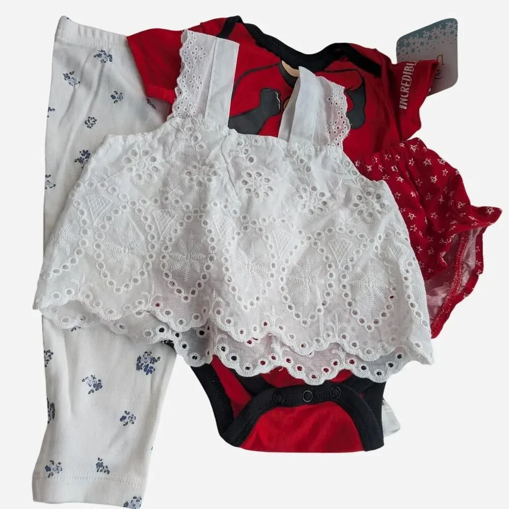 Disney baby bodysuit bundle white lace eyelet trim floral leggings baby pants